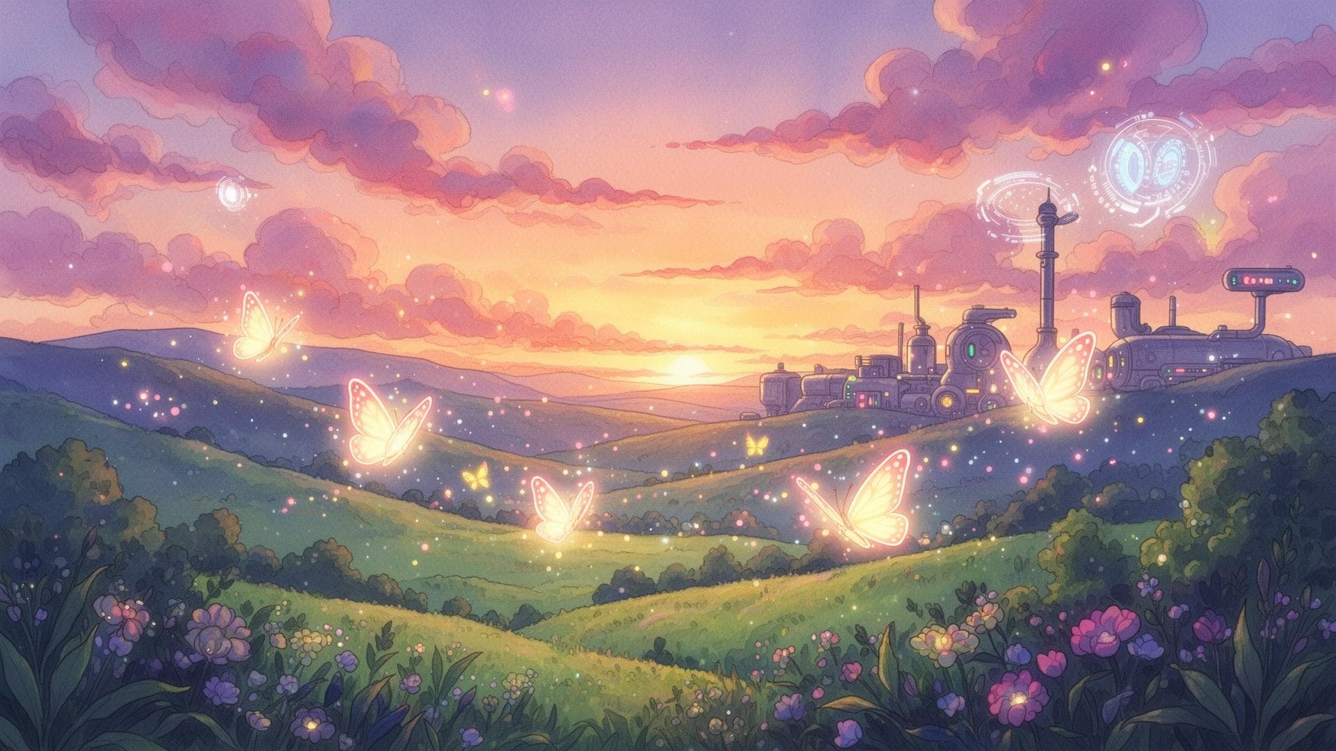 Pixel-art sunset landscape with glowing butterflies and hills